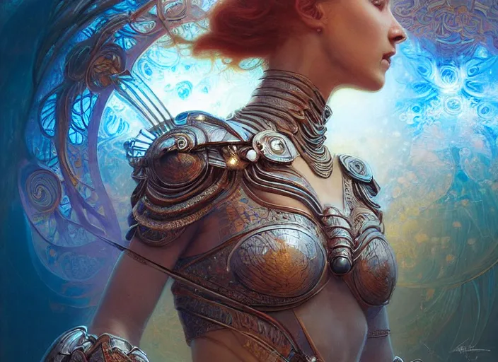 Prompt: beautiful goddess in armour, made of fractal whirls, passionate pose, intricate, elegant, glow, sharp focus, soft bokeh, highly detailed linework, matte, trending on artstation, bright colors, blue glow, 3 d 8 k, by artgerm and greg rutkowski, mucha, giger, beksinski, ross tran