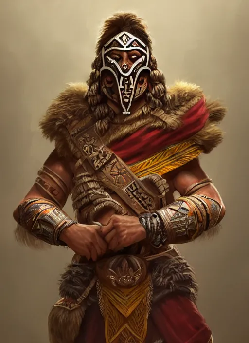 Prompt: a highly detailed illustration of tribal masked aztec warrior wearing brown robe, heroic fist pose, intricate, elegant, highly detailed, centered, digital painting, artstation, concept art, smooth, sharp focus, league of legends concept art, wlop.