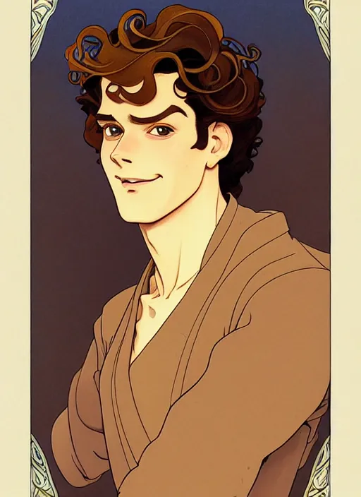 Image similar to art nouveau portrait of a handsome young man with curly medium length very messy light brown hair, brown eyes, aloof, t - shirt, natural lighting, path traced, highly detailed, high quality, cartoon, digital painting, by don bluth and ross tran and studio ghibli and alphonse mucha