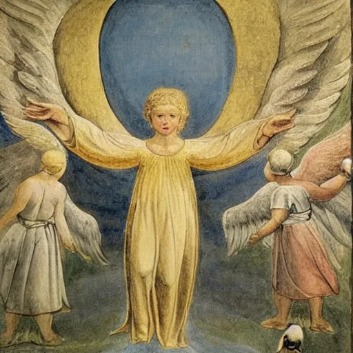 Prompt: biblical angel with ducks, by jean deville, by william blake, oil on canvas