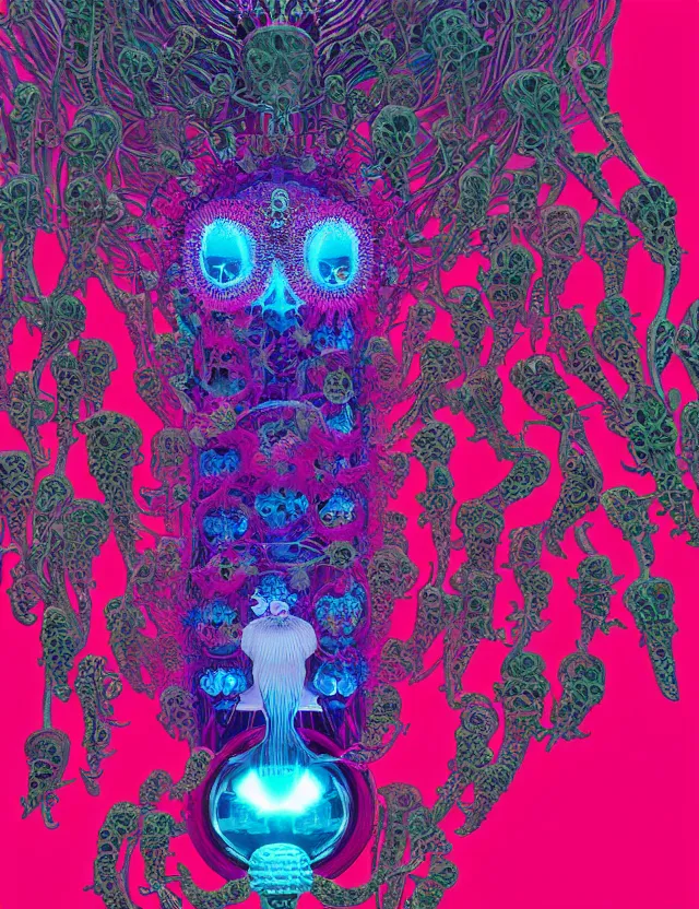 Prompt: symmetrical, centered, goddess close-up portrait wigh crown made of skulls. phoenix betta fish, phoenix, bioluminiscent creature, super intricate ornaments artwork by Tooth Wu and wlop and beeple and Dan Flavin and David Spriggs and Daniel Buren and greg rutkowski