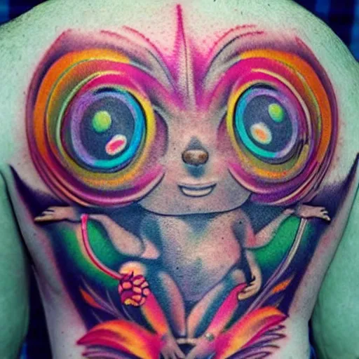 Prompt: shoulder tattoo of a multicolored hallucinogenis meditating cute bush baby, eyes are glowing rainbow spirals, long fur, happy mood, surrounded with colorful magic mushrooms and rainbow marihuana leaves, insanely integrate