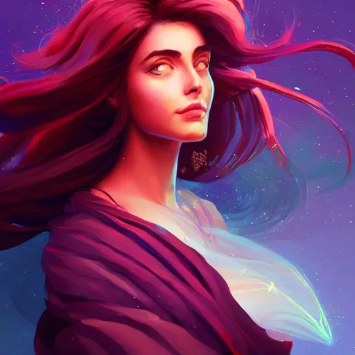 Prompt: portrait of beautiful woman with magical nebula hair, maya ali mage, gloomhaven, dynamic lighting, gaudy colors, octane render aesthetic, matte painting concept art, official fanart behance hd artstation by jesper ejsing, by rhads and makoto shinkai and lois van baarle and ilya kuvshinov and rossdraws