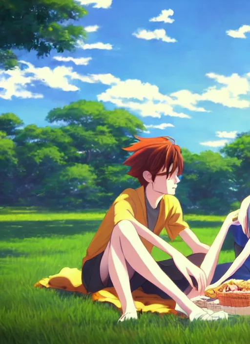 Image similar to beautiful anime painting of a emma stone having a picnic with tom holland, by makoto shinkai, kimi no na wa, artstation, atmospheric, high detail