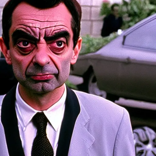 Prompt: A still of Mr Bean as the Terminator in The Terminator