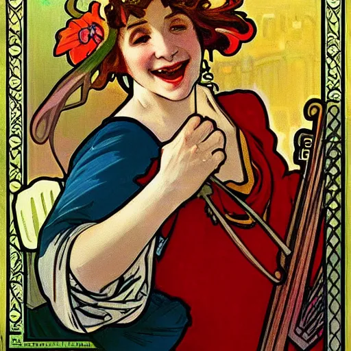 Image similar to a Happy Jester playing the harp, in the style of Alphonse Mucha