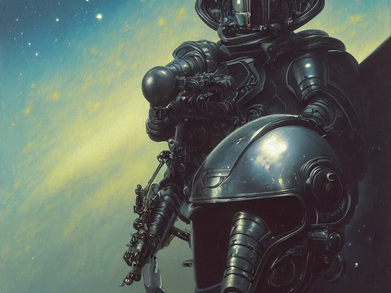 Prompt: a detailed profile oil painting of a lone bountry hunter in a space armour with reflective helmet, cinematic sci-fi poster. technology flight suit, bounty hunter portrait symmetrical and science fiction theme with lightning, aurora lighting clouds and stars by beksinski carl spitzweg and tuomas korpi. baroque elements, full-length view. baroque element. intricate artwork by caravaggio. Trending on artstation. 8k