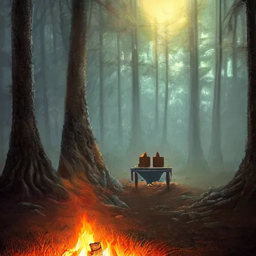 Prompt: a hyper realistic digital painting of a haunted forest with a campfire, a knight is sitting by that campfire, full of details, intricate, night time, volumetric light, full moon, moonglow, dark fantasy, horror, in the style of greg rutkowski