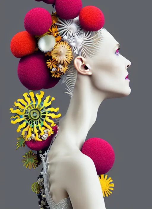 Prompt: biomechanical beautiful woman portrait with a smooth carved porcelain ivory profile face, futuristic haute couture, iris van herpin, headdress with daisies, colorful puffballs, tendrils, fractal mushrooms, rhizomorphs, brackets, sponge corals, laser cut paper, red plump lips, hyper detailed, ultra sharp, 8 k, uhd
