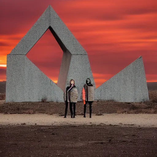 Image similar to photograph of 2 women wearing techwear in front of a brutalist metal building, on a desolate plain, red eerie sky, sigma 8 5 mm f / 1. 4, 4 k, depth of field, high resolution, 4 k, 8 k, hd, full color