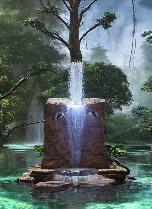 Image similar to a water fountain made out of a tree, concept art by Doug Chiang cinematic, realistic painting, high definition, digital art, symmetrical, very detailed, extremely high detail, photo realistic, concept art, unreal engine 5,