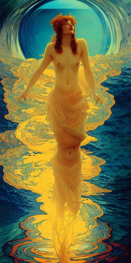 Image similar to transcendent mind bending indigo waves of glossy psychedelic liquid honey flowing like kaleidoscopic translucent amber, lsd waves, honey ripples, enlightenment, dramatic professional lighting, refracted sunset lighting, art by collier, albert aublet, krenz cushart, artem demura, alphonse mucha