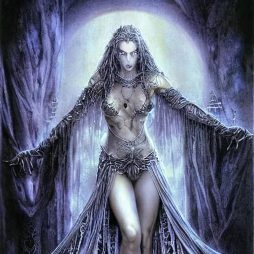 Image similar to dark beautiful sorceress casting an illusion spell by luis royo, full body shot, perfect symmetrical body, perfect symmetrical face, coherent symmetrical eyes,