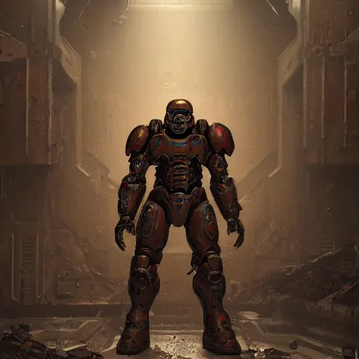 Image similar to doom marine wearing heavy praetor armor in an abandoned facility, au naturel, hyper detailed, digital art, trending in artstation, cinematic lighting, studio quality, smooth render, unreal engine 5 rendered, octane rendered, art style by klimt and nixeu and ian sprigger and wlop and krenz cushart