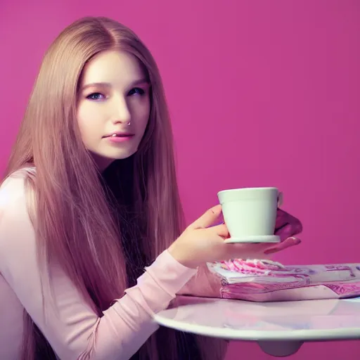 Prompt: russian girl with long blond hair sitting at a pink keyboard holding a cup of tea, beautiful, hyper realistic