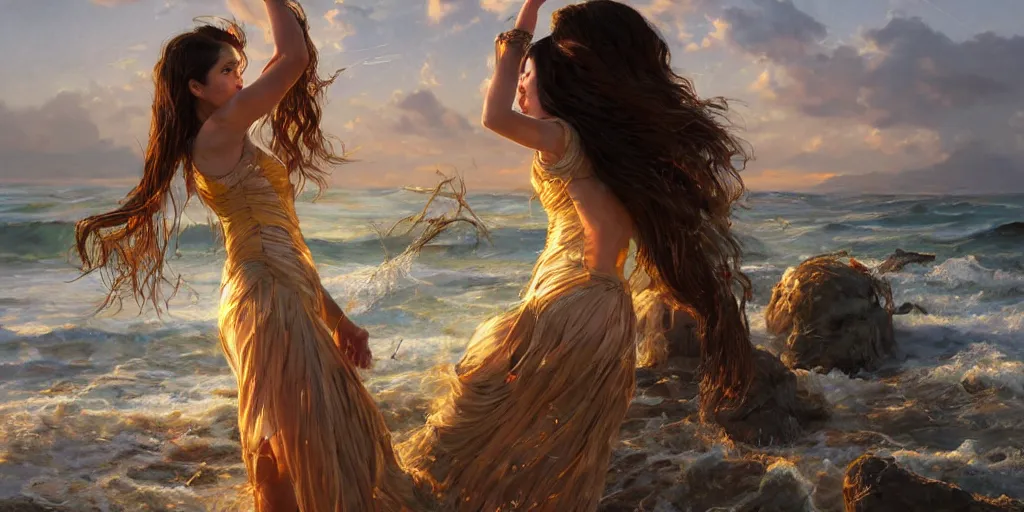 Prompt: ! dream photorealistic long shot of big sun rough sea and jagged rocks, nets, plastic bottles, garbage, sand and sea, golden hour, dark mystical goddess wearing a qipao, cheongsam, environmental, fantasy, atmospheric, hyper realistic, artstation, art by artgerm, andres rodriguez and john william waterhouse