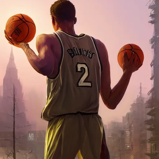 Image similar to highly detailed basketball player, in gta v, stephen bliss, unreal engine, fantasy art by greg rutkowski, loish, rhads, ferdinand knab, makoto shinkai and lois van baarle, ilya kuvshinov, rossdraws, tom bagshaw, global illumination, radiant light, detailed and intricate environment