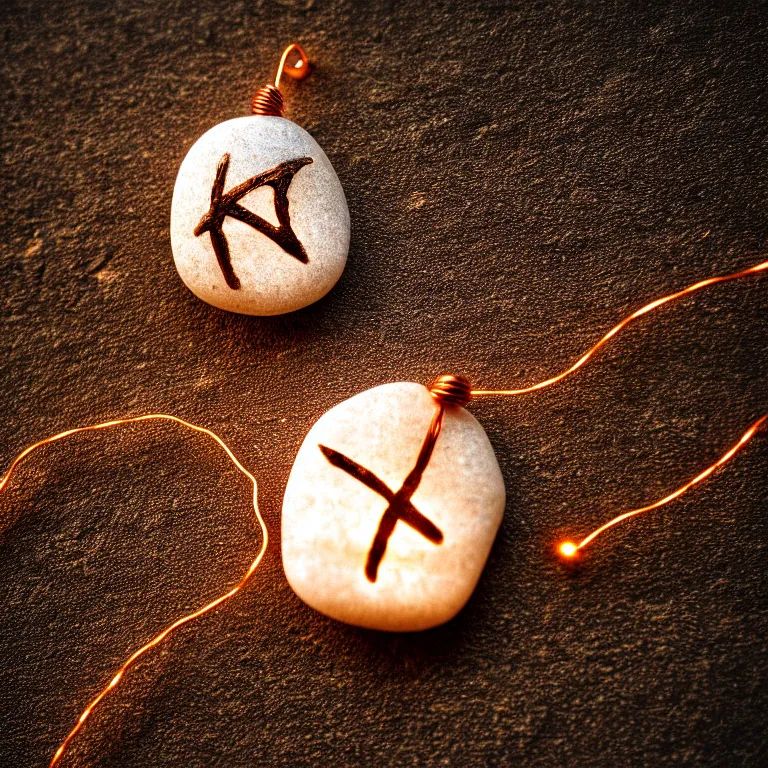 Prompt: photo of a pebble with a luminous rune drawn on it. pebble wrapped with copper wire. extremely high details, masterpiece, cinematic, octane rendering, depth of field, bokeh, cgsociety