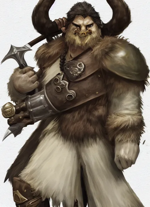 Image similar to strong young man, photorealistic bugbear ranger holding aflaming sword, black beard, dungeons and dragons, pathfinder, roleplaying game art, hunters gear, jeweled ornate leather and steel armour, concept art, character design on white background, by studio ghibli, makoto shinkai, kim jung giu, poster art, game art