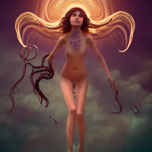 Image similar to Full body photo of the most beautiful goddess, she has a jellyfish-phoenix head's and a siren body, some tentacles are touching her, she flying to heaven over the soft clouds, by Tooth Wu, trending on Artstation, digital art, symmetrical artwork, cinematic, hyper realism, high detail, octane render, 4k, 8k