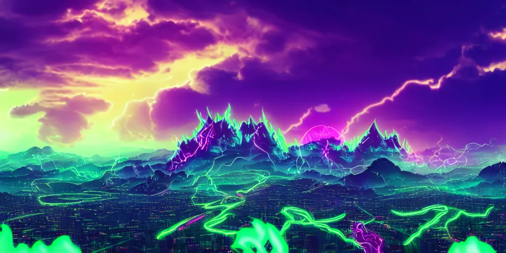 Prompt: 4k realistsic portrait of synthwave dragon breathing neon green fire and purple eyes with mountains in background and stormy clouds