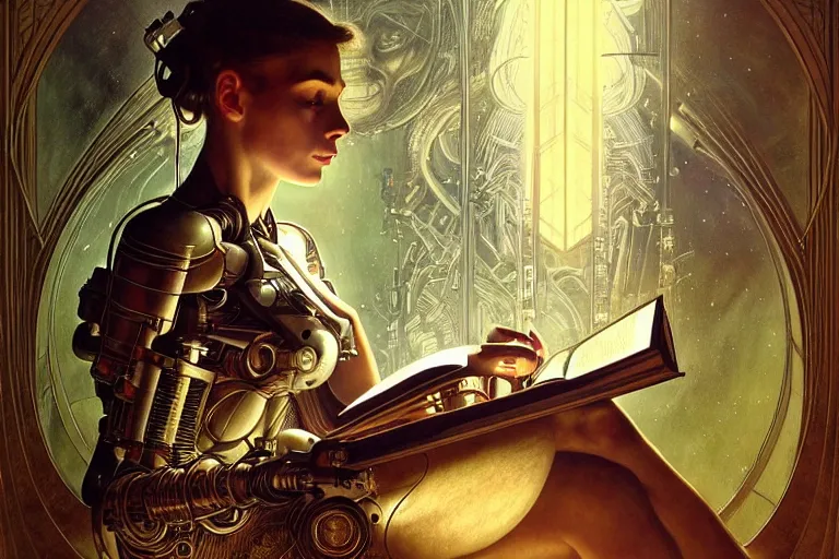 Prompt: a portrait of a cyborg reading from an old book with a leather cover, fantasy, sci-fi, intricate, elegant, dramatic lighting, highly detailed, lifelike, photorealistic, digital painting, artstation, concept art, smooth, sharp focus, illustration, art by John Blanche and Paul Dainton and Darren Tan and Pierre Loyvet and Alphonse Mucha