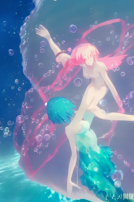 Prompt: 3D CG anime Land of the Lustrous Houseki no Kuni character Ventricosus translucent very pink jelly woman with thick chest bubbles and pink transparent dress frills floating at the bottom of the ocean near the surface, sun rays shine through the water, beautiful composition, 3D render, cel shaded, 8k, key visual, made by Haruko Ichikawa, Makoto Shinkai, studio Ghibli, Kyoto Animation