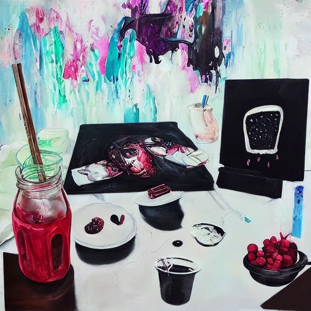 Image similar to “ sensual, a portrait in a female art student ’ s apartment, pancakes, iced latte, berries, art supplies, a candle dripping white wax, berry juice drips, neo - expressionism, surrealism, acrylic and spray paint and oilstick on canvas ”