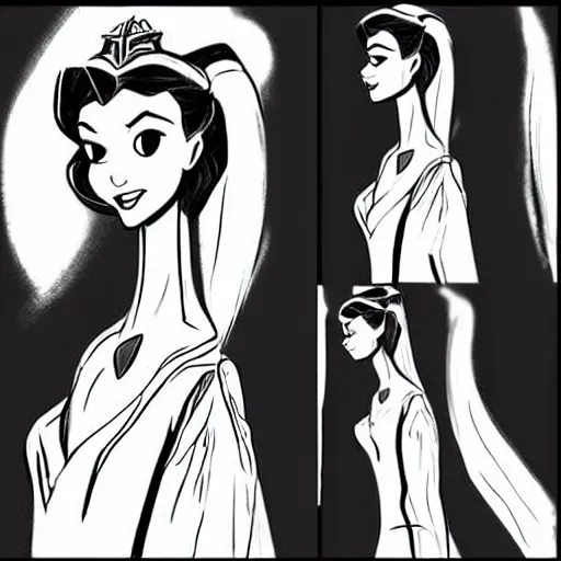 Image similar to milt kahl sketch of victoria justice with done up hair, tendrils and ponytail as princess padme from star wars episode 3