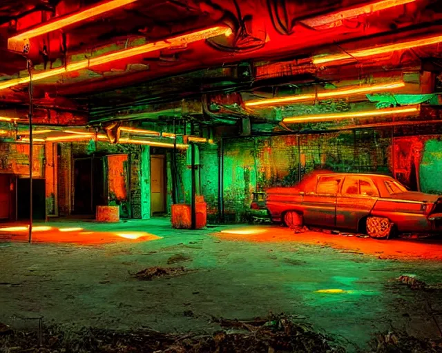 Prompt: An abandoned industial basement lit by a neon sign that says GAK, GAK sign, basement, painting by Syd Mead, cinematography by Robby Müller