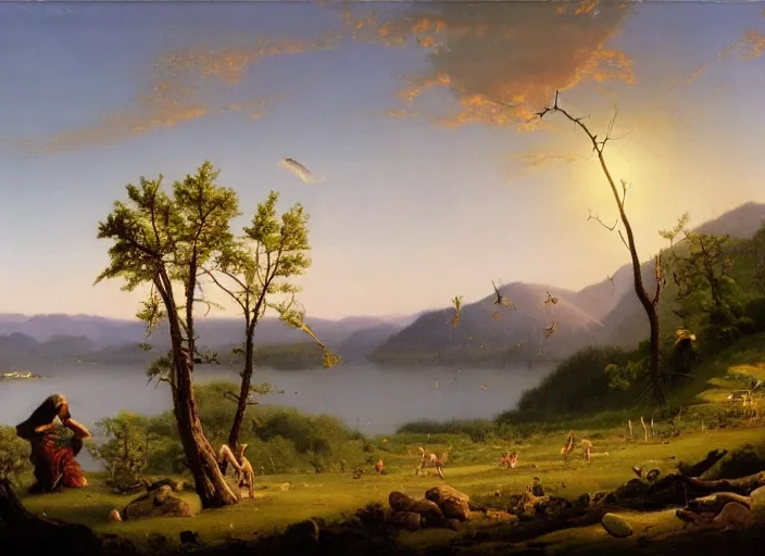 Prompt: first spring after the impact winter post - cretaceous paleogene extinction event, life is starting to adapt to a changed world, in the style of hudson river school of art, oil on canvas