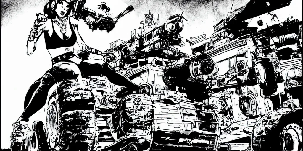 Prompt: single tank girl sitting on top of the tank. comic book style. black and white. illustration. marvel. print. high details.