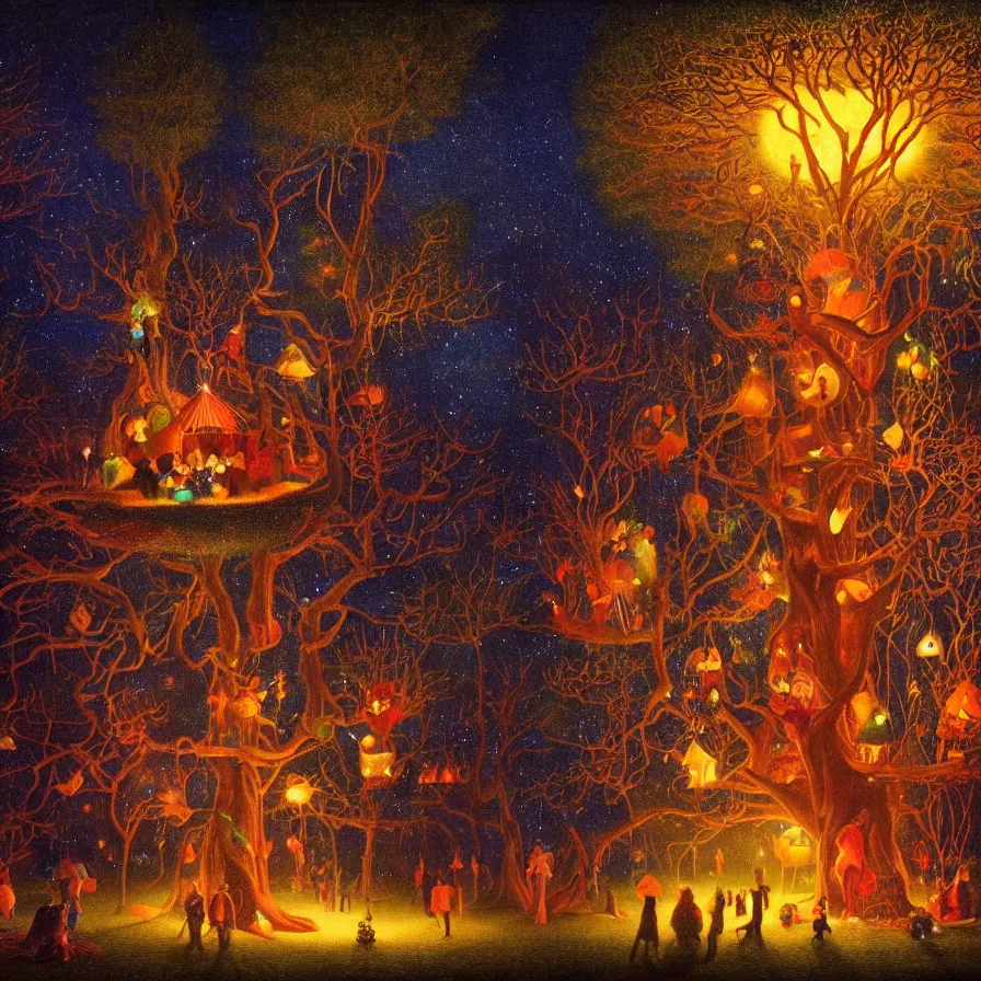 Image similar to closeup of a night carnival inside a magical tree cavity, with a surreal orange moonlight and fireworks, next to a lake with iridiscent water, christmas lights, folklore animals and people disguised as fantastic creatures in a magical forest by summer night, masterpiece painted by harry watrous, scene by night, dark night environment, refraction lights, glares