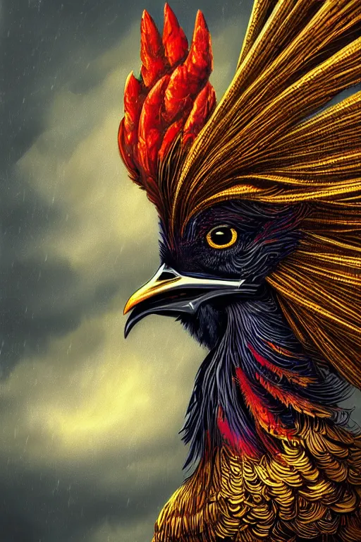 Image similar to a beautiful tarot card artwork of a rooster in armour, horror, backlit, gloomy sky, highly detailed, digital painting, intricate golden threads, by kevin siembieda, vivid colors, detailed shading, 8 k resolution, intricate, smooth