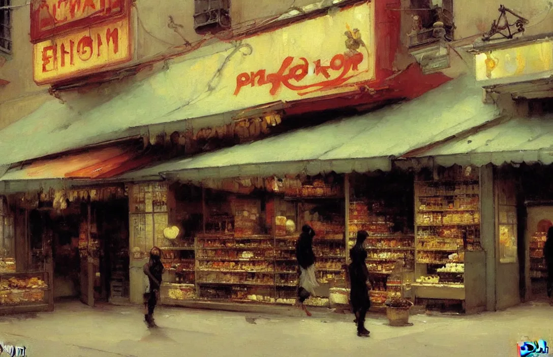Image similar to a take away food shop front, detailed painting, epic lighting, by ilya repin, phil hale and kent williams
