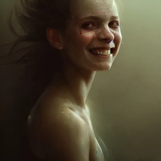 Image similar to epic portrait of a beautiful girl with an unnaturally wide smile, high detail, horror smile, sharp focus, beautiful!, scary!, dewy skin, ethereal, painting, concept art, warm lighting, greg rutkowski