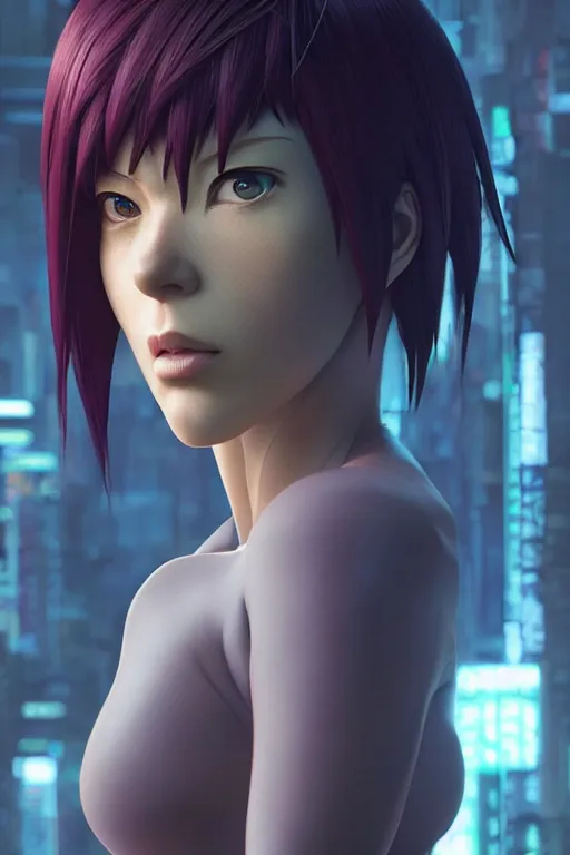 Image similar to weta disney pixar movie still portrait photo of ghost in the shell anime : : as motoko kusanagi by pixar : : by ilya kuvshinov, rossdraws, artgerm, maxim cover, octane render, 3 d, volumetric lighting, anti aliasing, raytracing : :