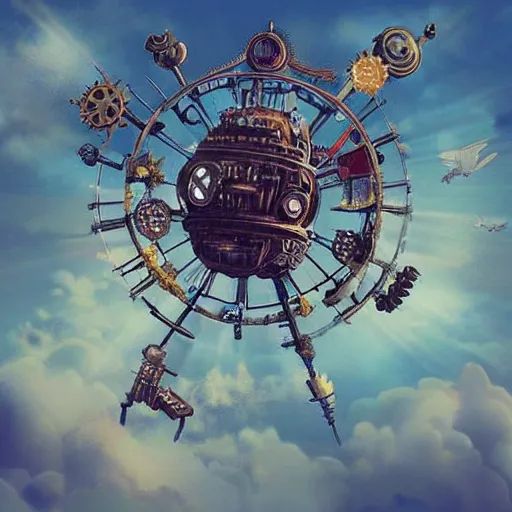 Image similar to flying city in a mechanical flower, sky, steampunk!!!, fantasy art, steampunk, masterpiece, octane, jared wulfe