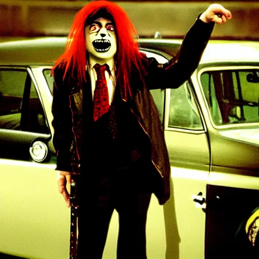 Image similar to mr. bean as axel rose from guns n roses. movie still. cinematic lighting.