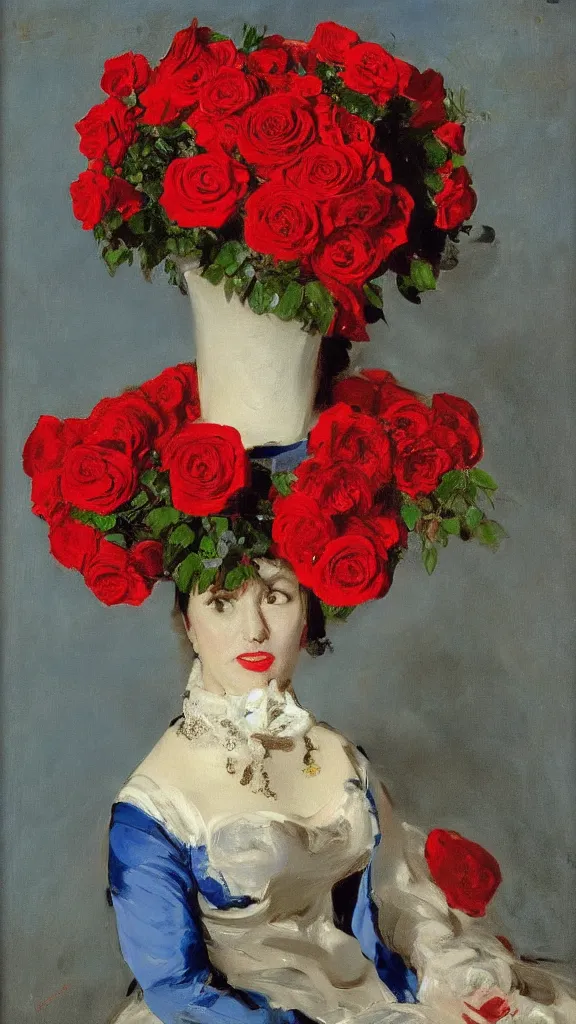 Image similar to portrait of rebekah delrio in lynch pattern, big persian detailed pot of red roses, blue and red lights painted by john singer sargent