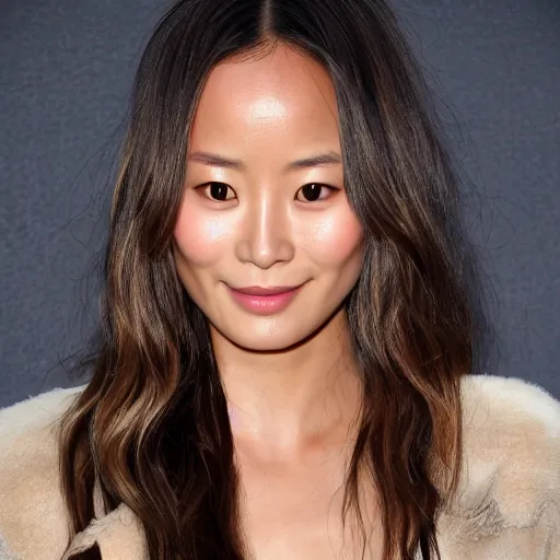 Image similar to jamie chung wearing golden bathrobe highly detailed highly realistic