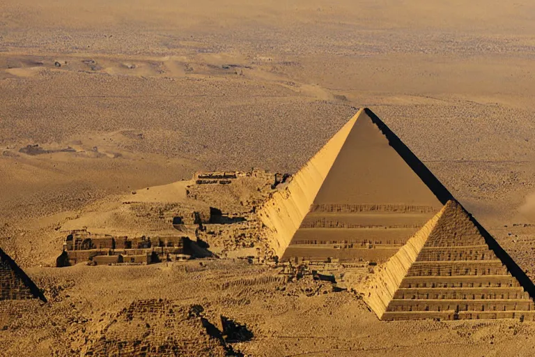 Image similar to pyramids of giza that looks like an office building with windows, realistic, photograph,