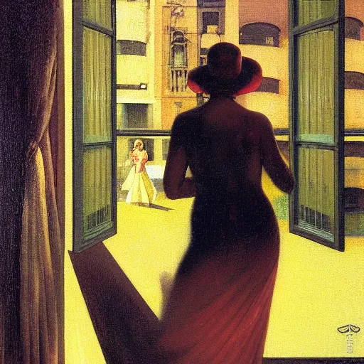 Prompt: retrofuturistic 1 9 3 0 s detailed oil painting of a woman in a window, cyberdeco cloisters, electronic billboards, tech noir, wet reflections, atmospheric, ambient, wlop, livia prima, george tooker, greg rutkowski, gil elvgren, grant wood, alexis flower, hopper, mucha, whistler, norman rockwell, peter max