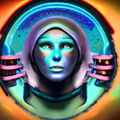 Image similar to the mummy dressed as an astronaut, style hybrid mix of Emma Lindstrom+Romi Lerda+ Sandra Pelser,Yves Tanguy+ Alphonse Mucha+ Ernst Haeckel+ Edward Robert Hughes+Stanisław Szukalski , rich moody colors,diamond dust glitter and sparkles, holographic krypton ion,red neon eyes,octane render,4k, ighly detailed, hyperrealism, excellent composition, cinematic concept art, dramatic lighting, trending on ArtStation