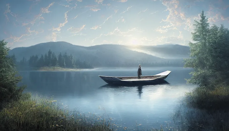 Prompt: portrait of a large lake with a boat near a pine forest, highly detailed, sunny, blue sky, cinematic lighting, highly angle, godrays, volumetric, photorealistic, digital art painting by greg rutkowski