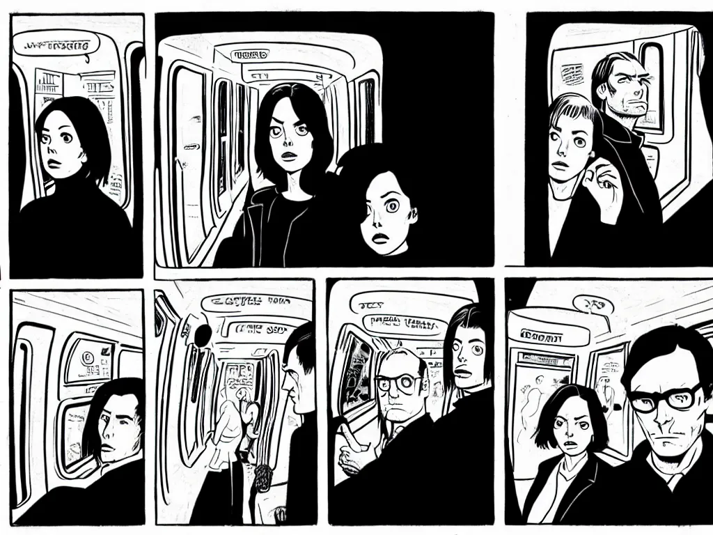 Prompt: a detailed comic panel by Daniel Clowes, 3/4 low angle view shot of two people sitting in an empty Chicago subway train, in front of windows: a sad Aubrey Plaza in a parka and a friendly Mads Mikkelsen in a suit