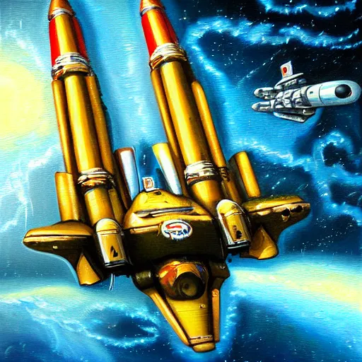 Prompt: ultra detailed oil painting of a retro spaceship