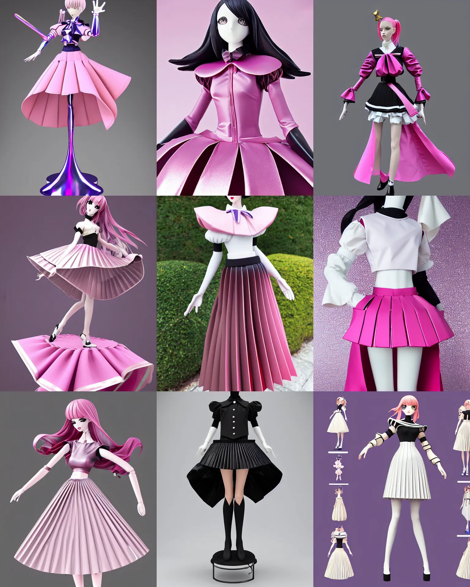 Prompt: designer magical girl figure collection ball shaped accordion sleeve haute couture, sailor uniform, midi skirt, coat pleats, synthetic curves striking pose, dynamic folds, cute huge pockets hardware, volume flutter, youthful, modeled by modern designer bust, body fit, award fashion, holographic tones, expert composition, high detail, professional retouch, editorial photography