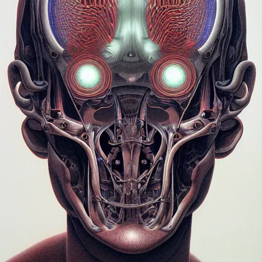 Image similar to biomechanical portrait of man connected to machine by Wayne Barlowe