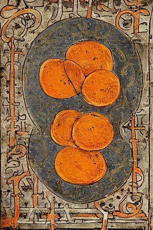 Image similar to high detailed image in medieval codex with reciept of grilled oranges on fire, gothic text, imperial museum collection